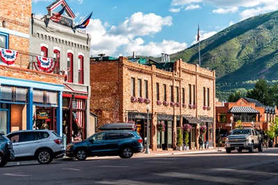 Historic storefronts in Aspen, Colorado.